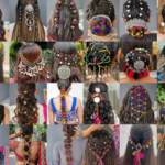 DIY Navratri hair clips with colorful Dandiya-inspired decorations, beads, mirrors, and ribbons
