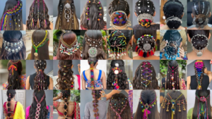 DIY Navratri hair clips with colorful Dandiya-inspired decorations, beads, mirrors, and ribbons