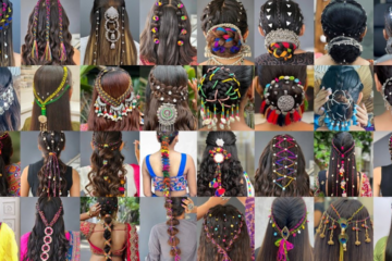 DIY Navratri hair clips with colorful Dandiya-inspired decorations, beads, mirrors, and ribbons