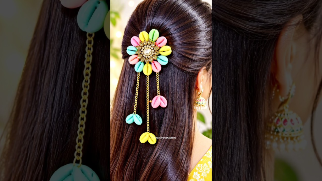 DIY Navratri hair clips with colorful Dandiya-inspired decorations, beads, mirrors, and ribbons