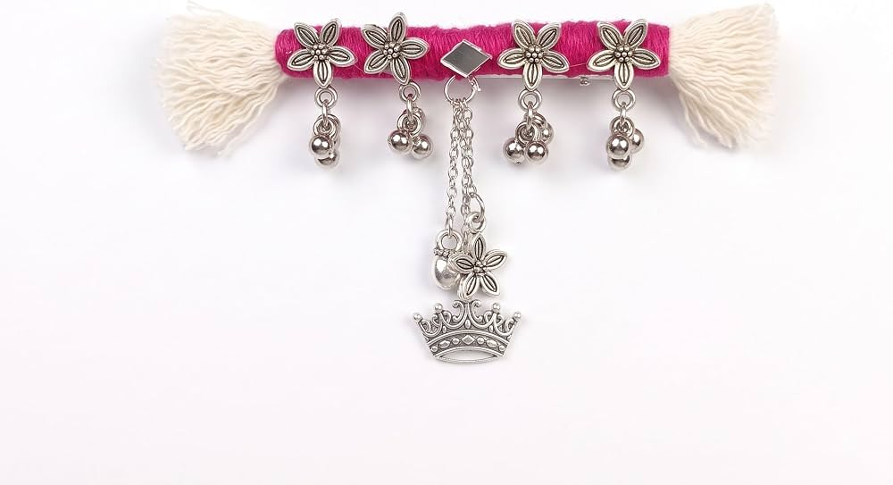 DIY Navratri hair clips with colorful Dandiya-inspired decorations, beads, mirrors, and ribbons