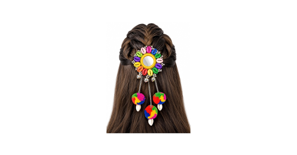DIY Navratri hair clips with colorful Dandiya-inspired decorations, beads, mirrors, and ribbons