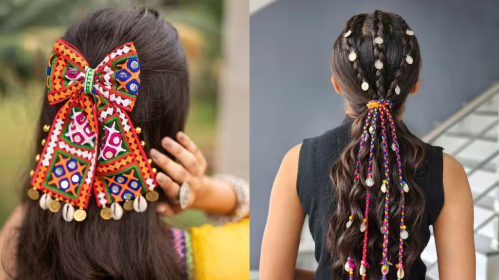 DIY Navratri hair clips with colorful Dandiya-inspired decorations, beads, mirrors, and ribbons